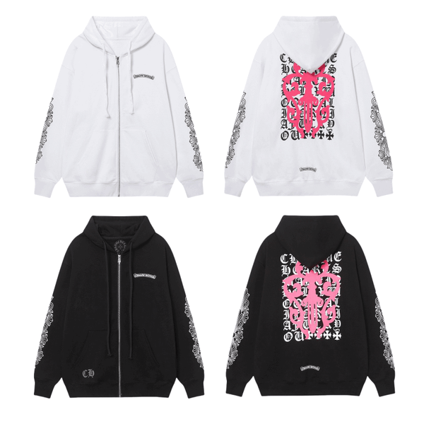 Luxury CHROME HEARTS Pink Paint ZIP-UP Hoodie Gorilla Fits