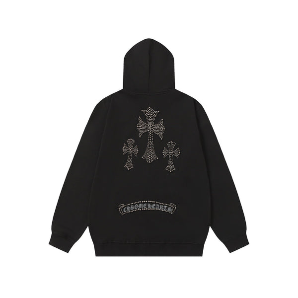 Chrome Hearts Rhinestone Cross Hoodie - Black Gothic Streetwear Chrome-Hearts