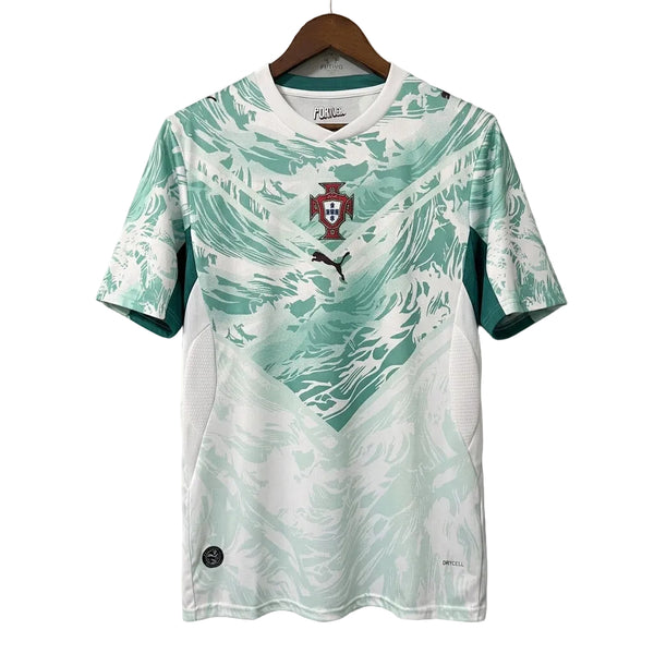 Green and white sports jersey with a logo on a gray background