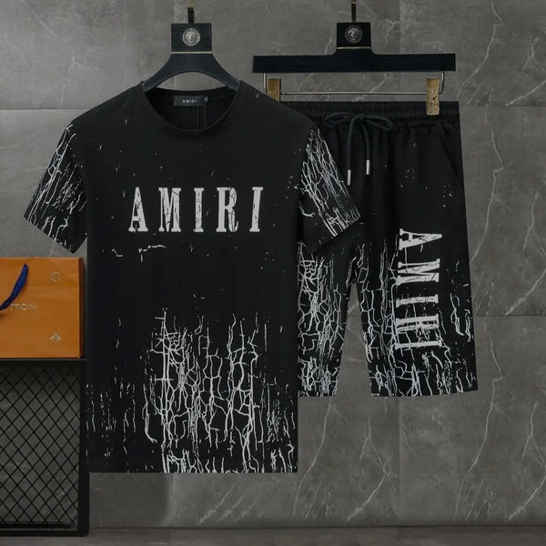 Black and white Amiri Cracked Designer T-shirts and shorts set . Buy 3 get 1 FREE Gorilla fits