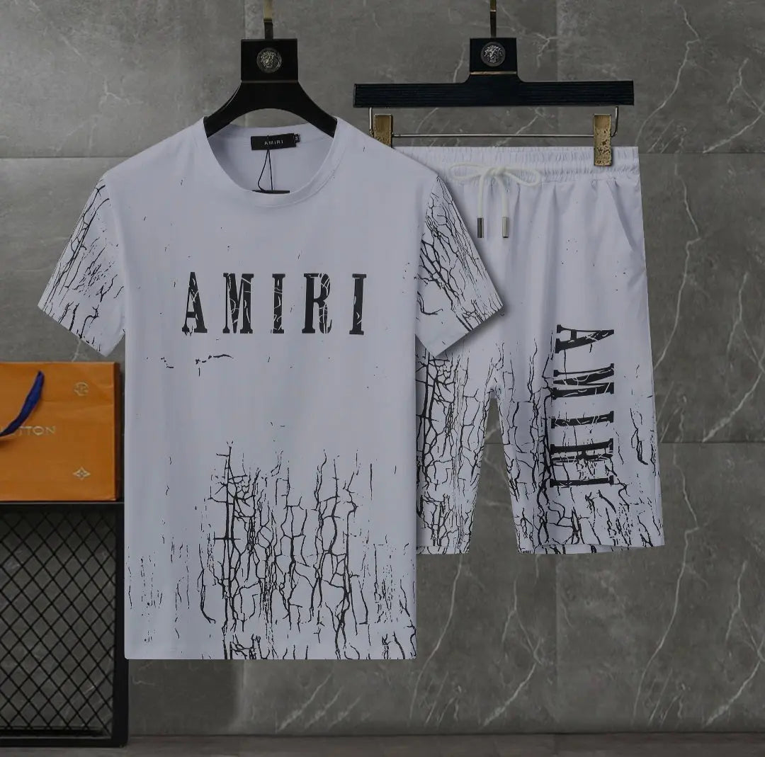 Black and white Amiri Cracked Designer T-shirts and shorts set . Buy 3 get 1 FREE Gorilla fits