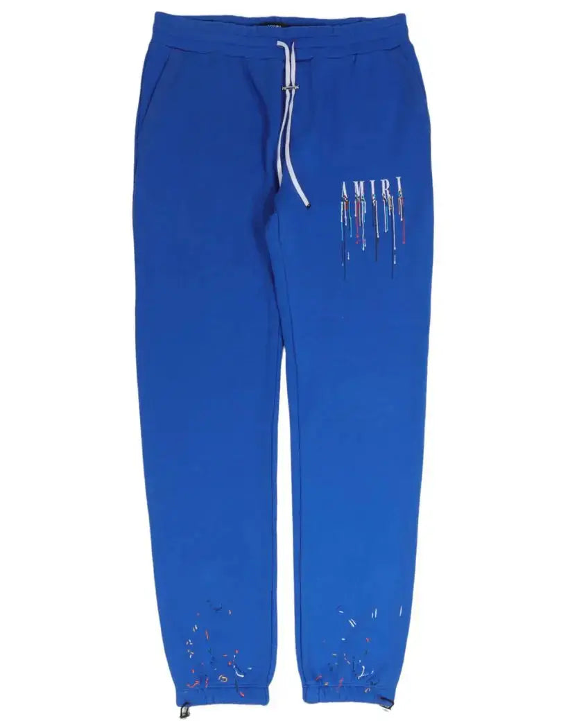 Amiri Black/Blue drip Embroidered paint, sweatpants black, blue, street wear pants, Amiri drip, modern fit. Gorilla fits