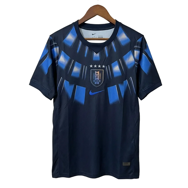 Navy blue sports jersey with blue patterns on a hanger against a light gray background