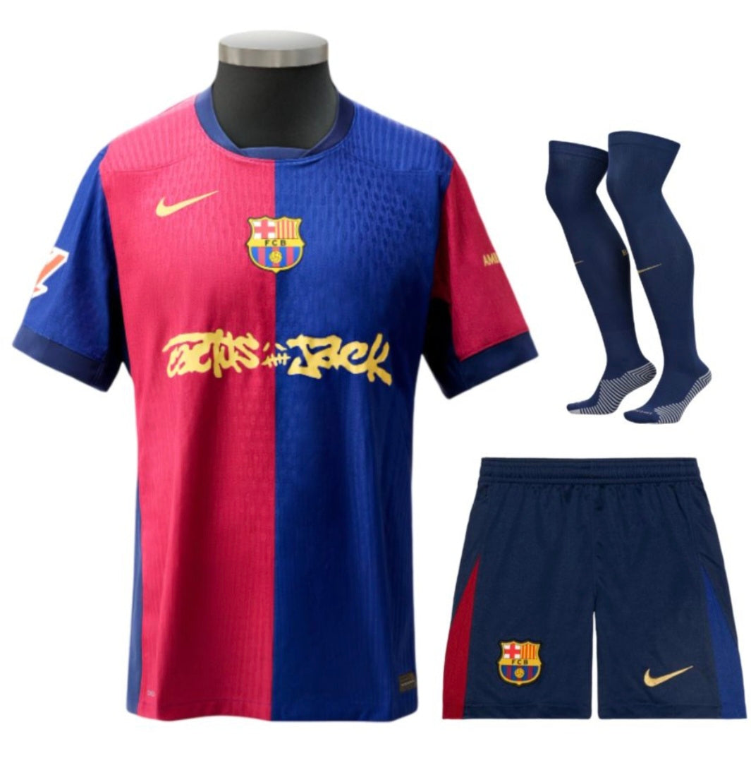 Limited edition New 24/25 Barcelona x Travis-scott kids Soccer/football Jersey and Shorts Set Gorilla fits