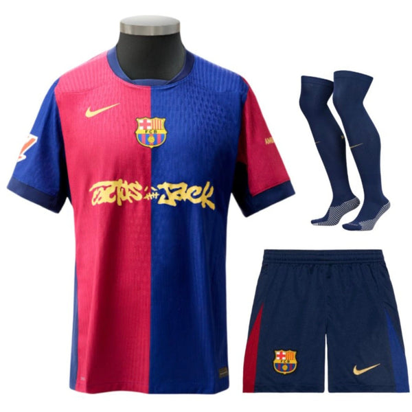 Limited edition New 24/25 Barcelona x Travis-scott kids Soccer/football Jersey and Shorts Set Gorilla fits